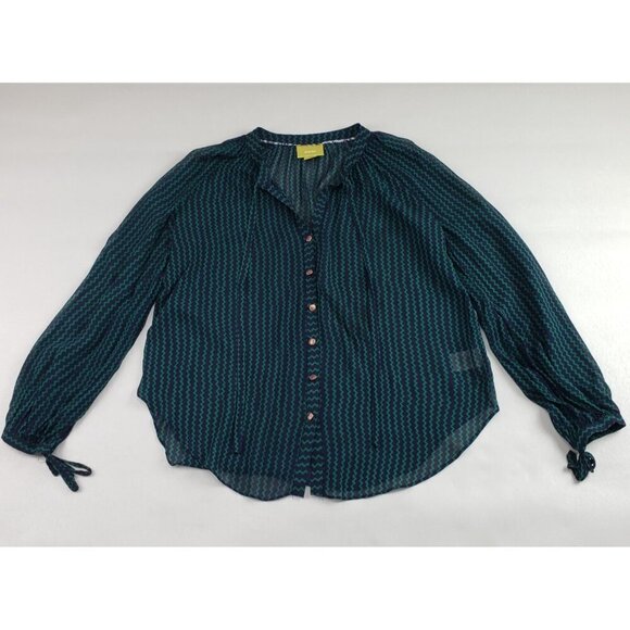 Maeve Anthropologie Button Up Blouse Women Large Green Zig Zag Long Sleeve Shirt - Picture 1 of 14